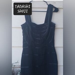 Tadashi Shoji ribbon midi dress womens size Large all black LBD